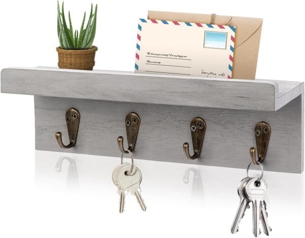 Goodsright Decor Rustic Key Holder for Wall, Farmhouse Wall Shelf with 4 Hooks, Wall Mounted Key Racks, Wooden Mail Organizer with Hooks for Entryway (Brown)