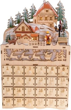 Goodsright Decor Wooden Christmas Advent Calendar, Countdown to Christmas, LED Holiday Decoration, Battery Operated, Reindeer Village
