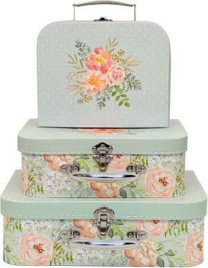 Goodsright Decor Paperboard Suitcases (Set of 3) Decorative Storage Boxes Storage Gift Boxes With Lids for Photo Storage Home Decoration, Wedding, Birthday, Anniversary and New Year Gift Decoration (Blossom and Dots)