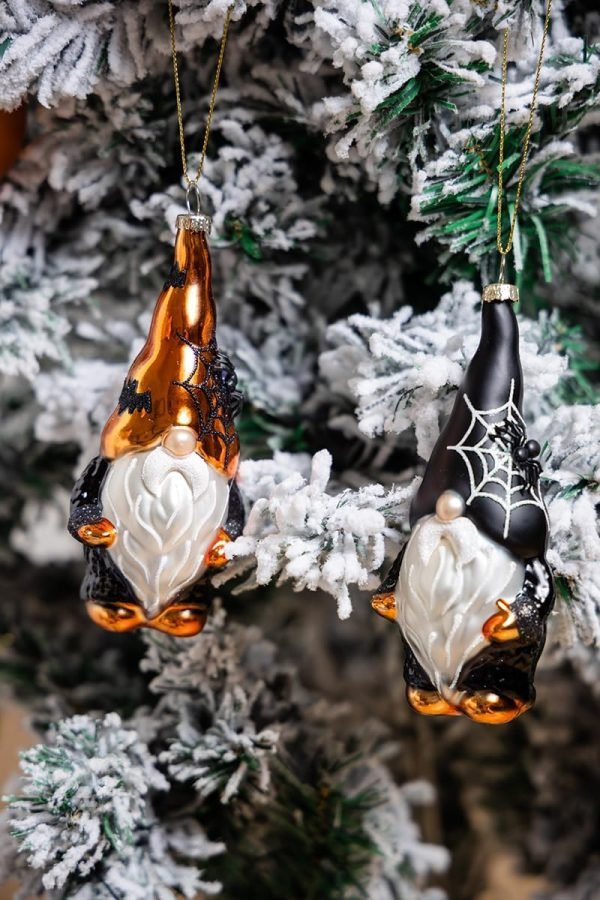 Goodsright Decor Set of 2 Hand Blown Glass Halloween Gnomes Ornaments for Christmas Tree Decorations, Hanging Glass Halloween Gnome Christmas Ornaments