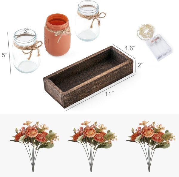 Goodsright Decor Jar Lights Centerpiece Table Decorations for Dining Room Farmhouse Coffee Table Decor Tray with 3 Jars Flowers Christmas Centerpieces Decor for Kitchen Living Dining Room, Orange