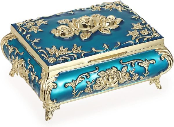 Goodsright Decor Metal Decorative Jewelry Box Vintage Treasure Chest Case Ornate Trinket Organizer Earrings Necklace Bracelet Storage Box Ring Holder Keepsake Box for Women Girls