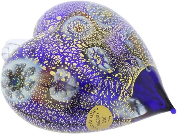 Goodsright Decor Glass Of Venice Murano Glass Heart Christmas Ornament Millefiori Blue and Gold. Blown Glass Christmas Ornament for Holiday Decor, Italian Handmade