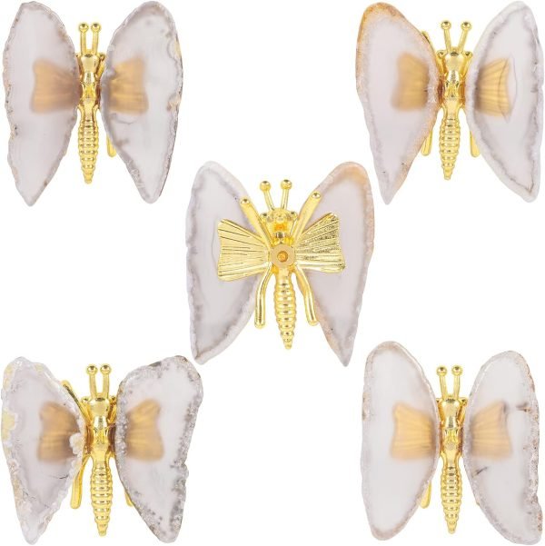 Goodsright Decor 2pcs Agate Slice Butterfly Decorations, Golden Flying Butterfly with Colorful Stone Wings for Home Office Table Desktop Decor, Grey & Black