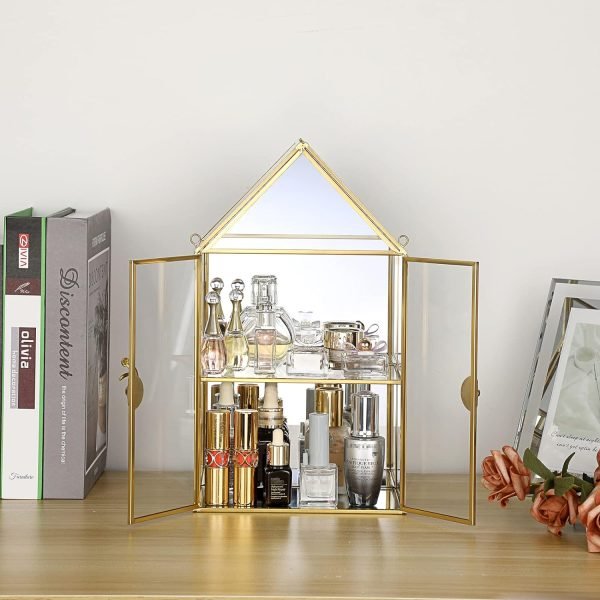 Goodsright Decor 2 Tier Clear Glass Storage Box, Gold Mirrored Jewelry Makeup Display Organizer Case, Decorative Tower box Storage for Trinket Perfume Lipstick Figure Statue Toy Display, House Shape