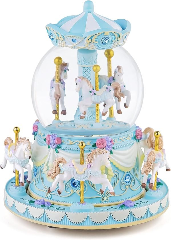 Goodsright Decor Carousel Music Box Horse Gift, Remote Control Plug in Musical Snow Globe for Girls Women Daughter Wife, Usb Charge 8-Horse Snow Globes Birthday Anniversary Valentine Gift Play Multiple Songs