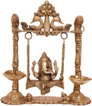 Goodsright Decor Brass Ganesha Swing with Oil Lamp with Peacock Design | Home Decoration | Table Decoration | Temple Ornaments | Hand Crafted Indian Sculpture