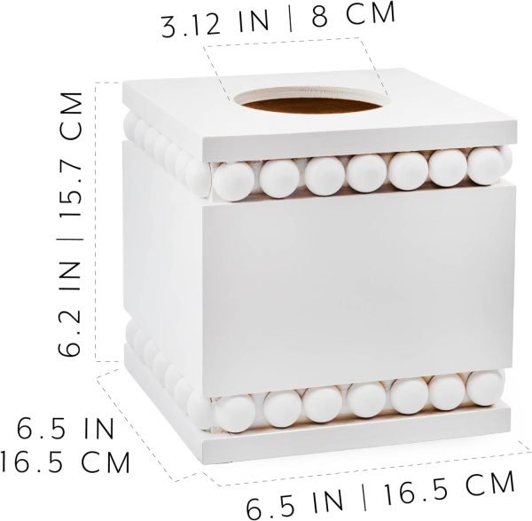 Goodsright Decor Beaded Square Tissue Box Cover (White); Rustic Farmhouse Wood Tissue Holder
