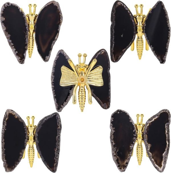 Goodsright Decor 2pcs Agate Slice Butterfly Decorations, Golden Flying Butterfly with Colorful Stone Wings for Home Office Table Desktop Decor, Grey & Black