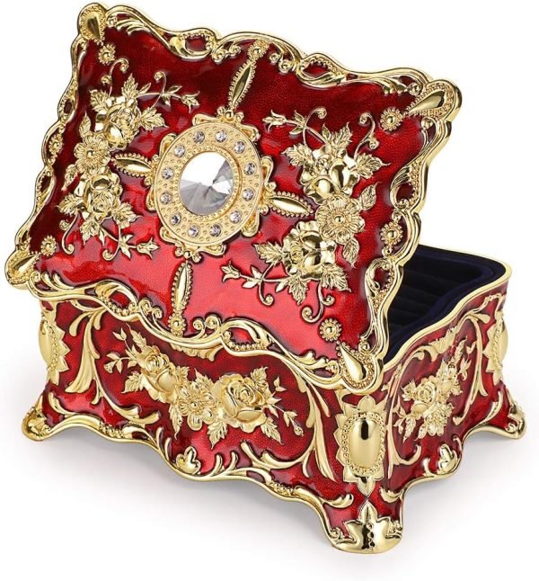 Goodsright Decor Vintage Rectangular Jewelry Box - Enameled Trinket Box Organizer Two Layer Treasure Chest Box Jewelry Decorative box Keepsake Gift Box Case for Women Girls, 7"x5"x3"