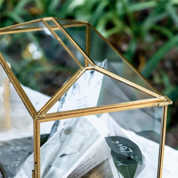 Goodsright Decor 10.2" x 5.9" x 7.9" Small Glass Cards Box with Slot and Lock for Wedding Reception - Birthdays Party Card Holder, Home Geometric Decorative, Clear Gold Terrarium (Glass Box Only)