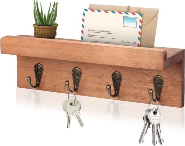 Goodsright Decor Rustic Key Holder for Wall, Farmhouse Wall Shelf with 4 Hooks, Wall Mounted Key Racks, Wooden Mail Organizer with Hooks for Entryway (Brown)