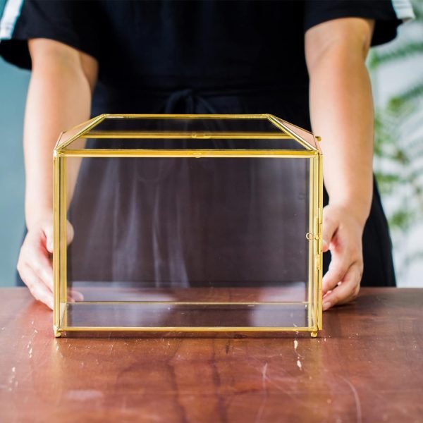 Goodsright Decor 10.2" x 5.9" x 7.9" Small Glass Cards Box with Slot and Lock for Wedding Reception - Birthdays Party Card Holder, Home Geometric Decorative, Clear Gold Terrarium (Glass Box Only)