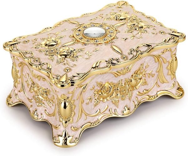 Goodsright Decor Vintage Rectangular Jewelry Box - Enameled Trinket Box Organizer Two Layer Treasure Chest Box Jewelry Decorative box Keepsake Gift Box Case for Women Girls, 7"x5"x3"