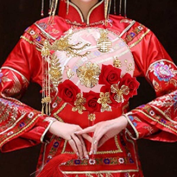 Goodsright Decor 5pcs Chinese Wedding Retro Bride Gold Red Circular Fan Handmade Dragon and Phoenix Flower Decoration Craft Photography Jewelry Decoration Props(1/2/3/4/5)