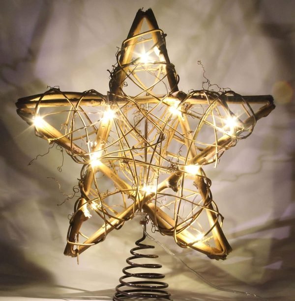 Goodsright Decor Christmas Tree Topper Farmhouse Christmas Decor Christmas Tree Decorations Rattan Natural Christmas Tree Star with 10 Warm LED Lights for Rustic Christmas Ornaments Holiday Seasonal Decoration 10 Inch