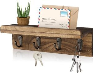 Goodsright Decor Rustic Key Holder for Wall, Farmhouse Wall Shelf with 4 Hooks, Wall Mounted Key Racks, Wooden Mail Organizer with Hooks for Entryway (Brown)