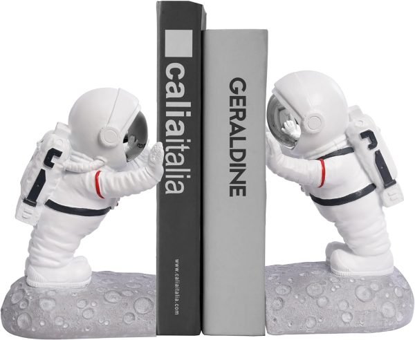 Goodsright Decor Space Decor Bookends, Resin Astronaut Bookshelf Ends for Kids Rooms Gold Book Ends for Heavy Books Fun Heavy Duty Book End Holder Astronaut Figurine Statue for Office Home Room(D-Gold)