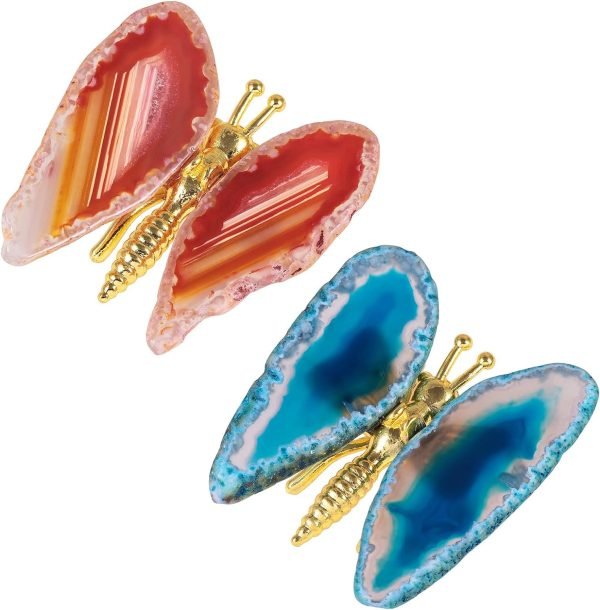 Goodsright Decor 2pcs Agate Slice Butterfly Decorations, Golden Flying Butterfly with Colorful Stone Wings for Home Office Table Desktop Decor, Grey & Black