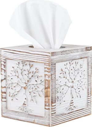 Goodsright Decor Wood Carved Tissue Box Cover Square Tissue Holder Whitewashed Tree of Life Design Rustic Vintage Home Decor for Bathrooom Bedroom Living Room