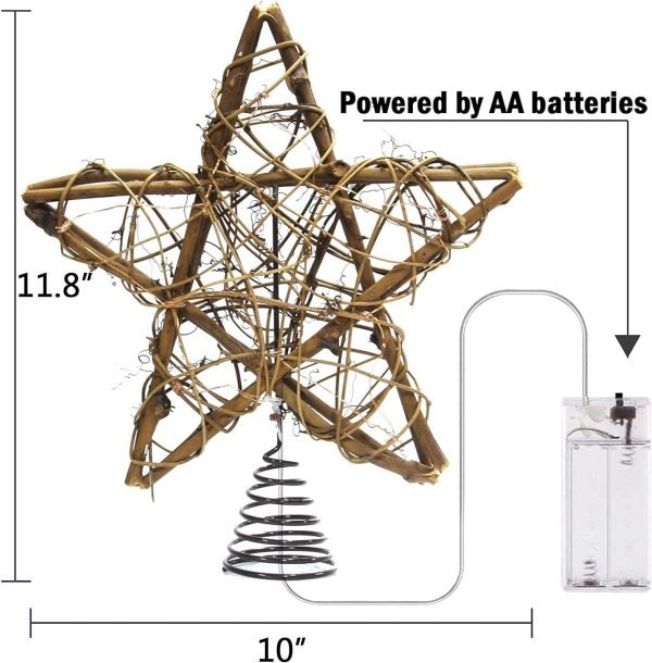 Goodsright Decor Christmas Tree Topper Farmhouse Christmas Decor Christmas Tree Decorations Rattan Natural Christmas Tree Star with 10 Warm LED Lights for Rustic Christmas Ornaments Holiday Seasonal Decoration 10 Inch