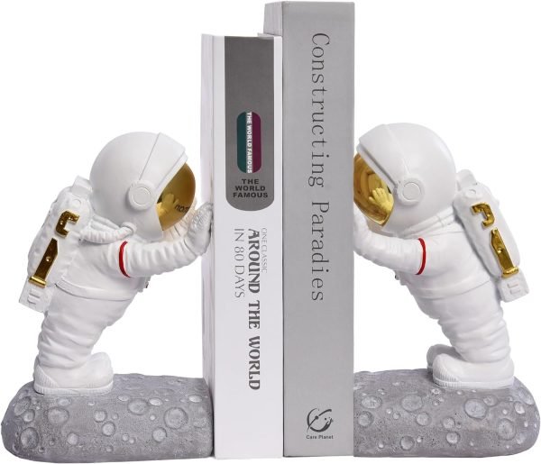 Goodsright Decor Space Decor Bookends, Resin Astronaut Bookshelf Ends for Kids Rooms Gold Book Ends for Heavy Books Fun Heavy Duty Book End Holder Astronaut Figurine Statue for Office Home Room(D-Gold)