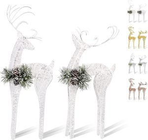 Goodsright Decor 2pc Set White Pinecone Rattan Thread String Christmas Reindeer Figurine Table Desk Decorations Glittering Xmas Holiday Party Supply