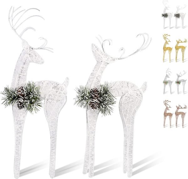 Goodsright Decor 2pc Set White Pinecone Rattan Thread String Christmas Reindeer Figurine Table Desk Decorations Glittering Xmas Holiday Party Supply