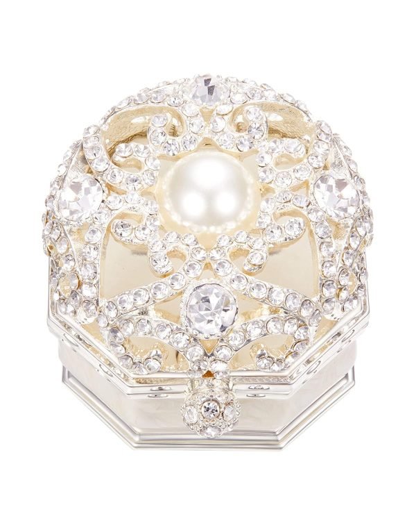 Goodsright Decor Vintage Jewelry Box for Women 1950s, Trinket Boxes Crystal Small Jewelry Box for Girls, Ring &Earring Holder Organizer, Antique Jewelry Case, White Jewelry Box with Pearl and Rhinestone