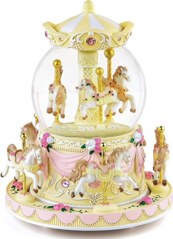 Goodsright Decor Carousel Music Box Horse Gift, Remote Control Plug in Musical Snow Globe for Girls Women Daughter Wife, Usb Charge 8-Horse Snow Globes Birthday Anniversary Valentine Gift Play Multiple Songs