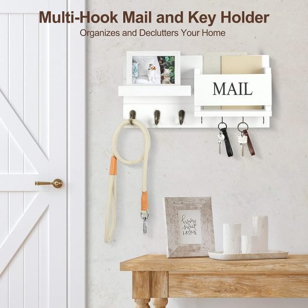 Goodsright Decor Organizer for Wall Mount ?C Key Holder with Shelf Includes Letter Holder and Hooks for Hallway Farmhouse Decor ?C Rustic Wood with Flush Mounting Hardware (16.5?? x 9.1?? x 3.4??) (White)