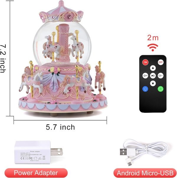 Goodsright Decor Carousel Music Box Horse Gift, Remote Control Plug in Musical Snow Globe for Girls Women Daughter Wife, Usb Charge 8-Horse Snow Globes Birthday Anniversary Valentine Gift Play Multiple Songs