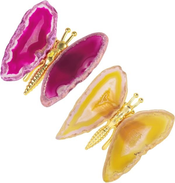 Goodsright Decor 2pcs Agate Slice Butterfly Decorations, Golden Flying Butterfly with Colorful Stone Wings for Home Office Table Desktop Decor, Grey & Black