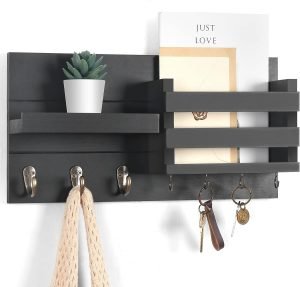 Goodsright Decor Mail Organizer for Wall Mount ?C Key Holder with Shelf Includes Letter Holder and Hooks for Coats, Dog Leashes ?C Rustic Wood with Flush Mounting Hardware (16.5?? x 8.7?? x 3.5??)