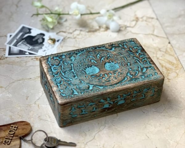 Goodsright Decor Great Birthday Gifts Handmade Decorative Wooden Jewelry Box Tree Of Life Carving Jewelry Organizer Keepsake Box Treasure Chest Trinket Holder Watch Box Storage Lock Box Housewarming Gift (Blue)