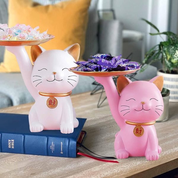 Goodsright Decor Candy Dishes Decorative, Entryway Table Key Storage Tray, Cute Cat Resin Figurine, Gift for Friends, Colleagues, Family,White