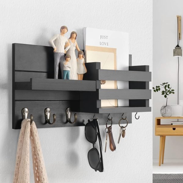 Goodsright Decor Mail Organizer for Wall Mount ?C Key Holder with Shelf Includes Letter Holder and Hooks for Coats, Dog Leashes ?C Rustic Wood with Flush Mounting Hardware (16.5?? x 8.7?? x 3.5??)