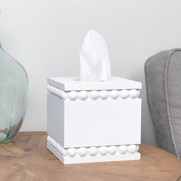 Goodsright Decor Beaded Square Tissue Box Cover (White); Rustic Farmhouse Wood Tissue Holder