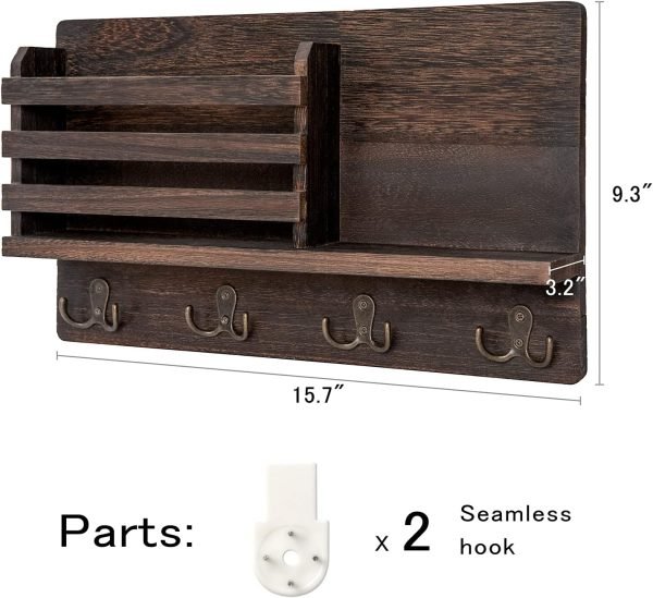 Goodsright Decor Wall Mounted Mail Holder Wooden Key Holder Rack Mail Sorter Organizer with 4 Double Key Hooks and A Floating Shelf Rustic Home Decor for Entryway or Mudroom,15.7" W x9.3 Hx3.2 D, Brown