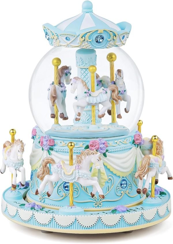Goodsright Decor Carousel Music Box Horse Gift, Remote Control Plug in Musical Snow Globe for Girls Women Daughter Wife, Usb Charge 8-Horse Snow Globes Birthday Anniversary Valentine Gift Play Multiple Songs