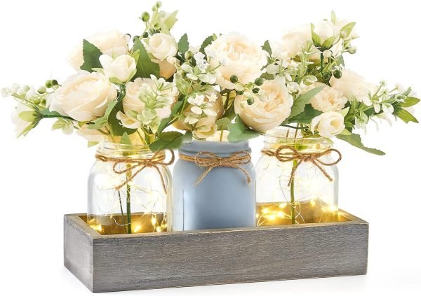 Goodsright Decor Jar Lights Centerpiece Table Decorations for Dining Room Farmhouse Coffee Table Decor Tray with 3 Jars Flowers Christmas Centerpieces Decor for Kitchen Living Dining Room, Orange