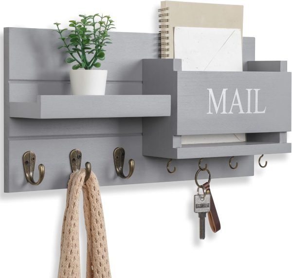 Goodsright Decor Organizer for Wall Mount ?C Key Holder with Shelf Includes Letter Holder and Hooks for Hallway Farmhouse Decor ?C Rustic Wood with Flush Mounting Hardware (16.5?? x 9.1?? x 3.4??) (White)