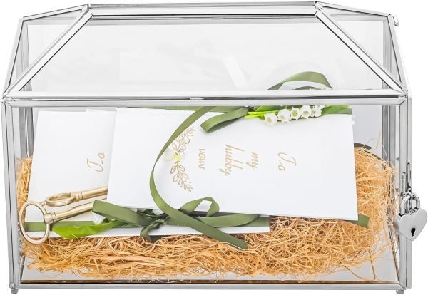 Goodsright Decor 10.2" x 5.9" x 7.9" Small Glass Cards Box with Slot and Lock for Wedding Reception - Birthdays Party Card Holder, Home Geometric Decorative, Clear Gold Terrarium (Glass Box Only)