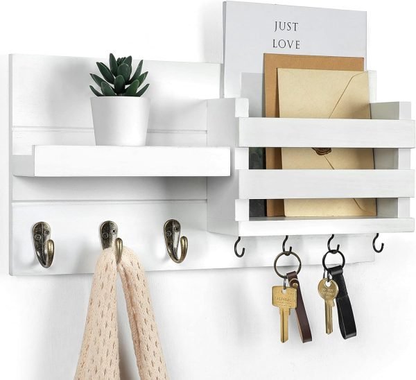 Goodsright Decor Mail Organizer for Wall Mount ?C Key Holder with Shelf Includes Letter Holder and Hooks for Coats, Dog Leashes ?C Rustic Wood with Flush Mounting Hardware (16.5?? x 8.7?? x 3.5??)