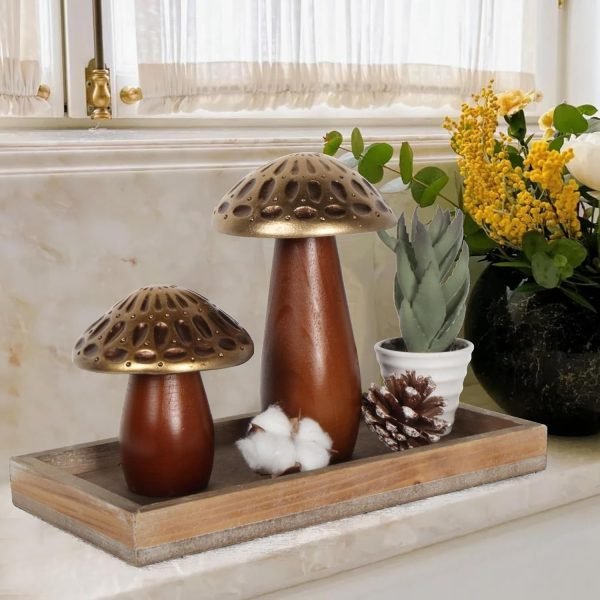 Goodsright Decor Mushroom Statues, Coffee Table Decor, Mushroom Ornaments, Set of 3, Mushroom Decorations, Gold Wooden Mushrooms, Mushroom Decor Aesthetic, Mushroom Figurines