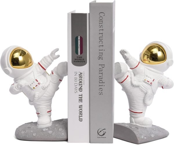 Goodsright Decor Space Decor Bookends, Resin Astronaut Bookshelf Ends for Kids Rooms Gold Book Ends for Heavy Books Fun Heavy Duty Book End Holder Astronaut Figurine Statue for Office Home Room(D-Gold)