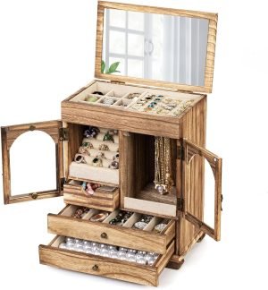 Goodsright Decor Jewelry Box for Women, Rustic Wooden Jewelry Boxes & Organizers with Mirror, 4 Layer Girls Jewelry Storage for Rings Earrings Necklaces Bracelets Valentines Day Gifts for Her