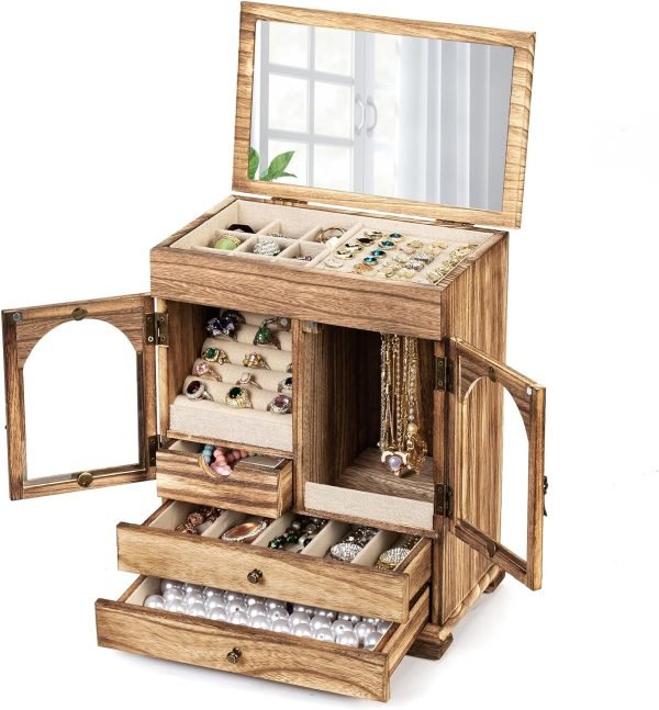 Goodsright Decor Jewelry Box for Women, Rustic Wooden Jewelry Boxes & Organizers with Mirror, 4 Layer Girls Jewelry Storage for Rings Earrings Necklaces Bracelets Valentines Day Gifts for Her