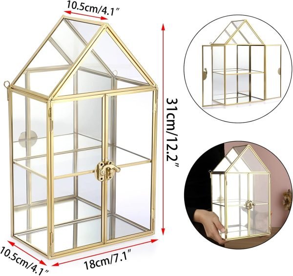 Goodsright Decor 2 Tier Clear Glass Storage Box, Gold Mirrored Jewelry Makeup Display Organizer Case, Decorative Tower box Storage for Trinket Perfume Lipstick Figure Statue Toy Display, House Shape