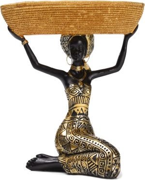 Goodsright Decor Resin Traditional Ethnic Dress Black Woman Tray Statue for Candy Jewelry Ring Fruit, Living Room Dining Table Bedroom Ornament Decoration TQGJBS337